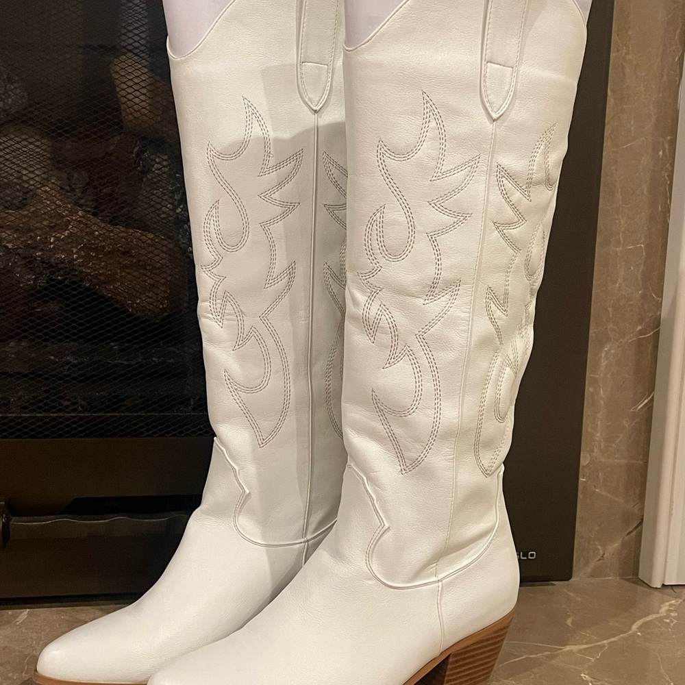 White Knee high Boots with Western Design faux leather 9 1/2
